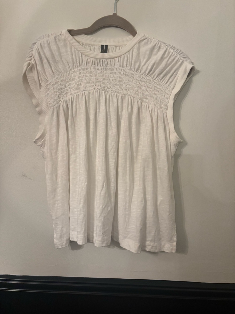 Anthropologie White Smocked Flutter Sleeve Blouse - S